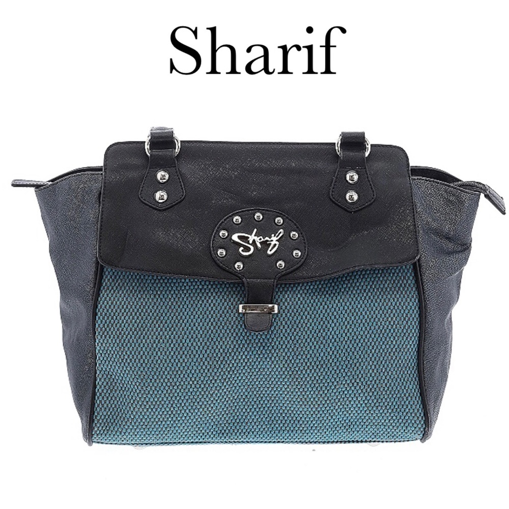 Sharif black leather & blue canvas tote